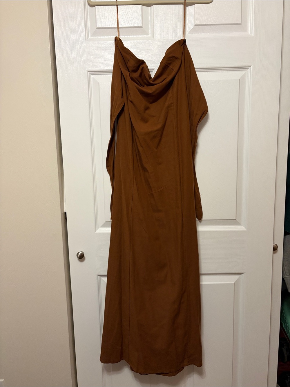 Women's Brown Strapless Linen Dress with Pockets